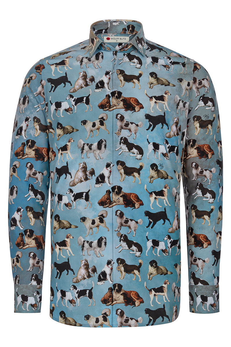 dog print dress shirt Ladies Classic Shirt in Willa Heart Blue and White Dog Print
