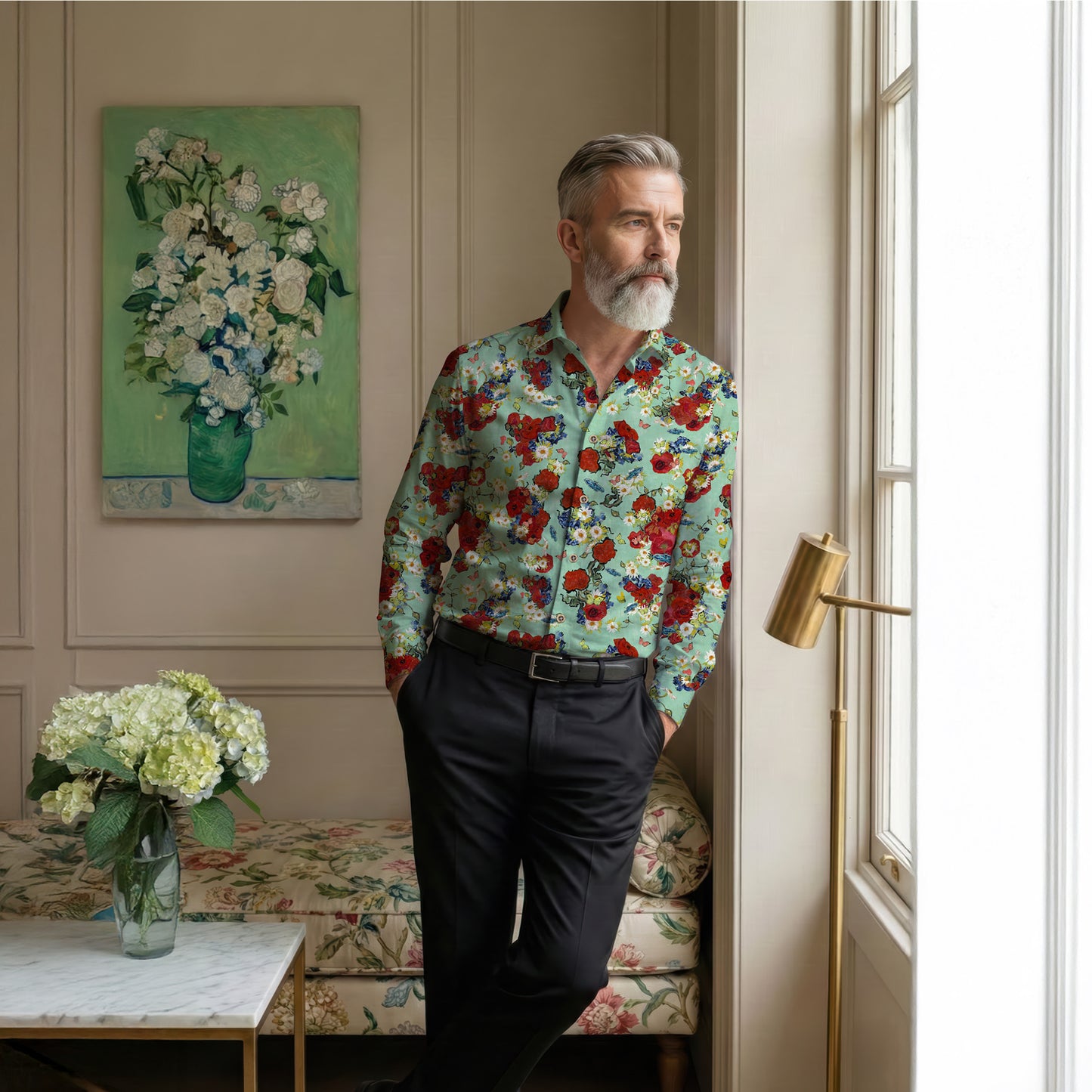 Vincent van Gogh Vase with Daisies and Poppies zeigt inspiriertes Langarm Herrenhemd