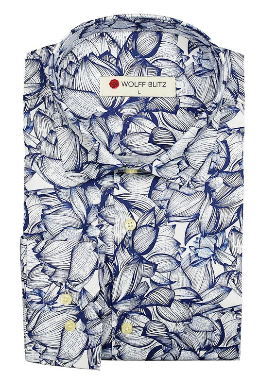 Blauwe lotusprint overhemd 