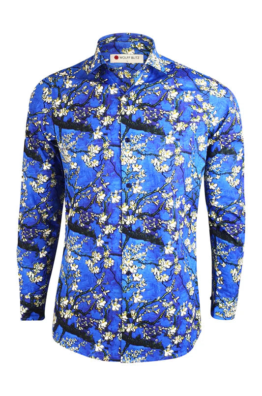 Blue Almond Blossom Long Sleeve Shirt for Men