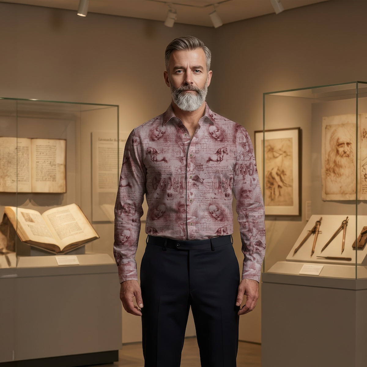 Leonardo Da Vinci Collage inspiriertes Langarm Herrenhemd