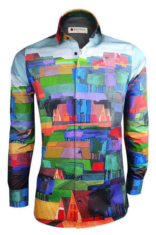 Langarmhemd für Herren mit Mosaiklandschaftsmuster