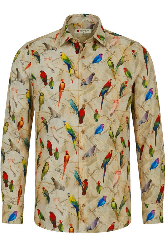 Langarmhemd für Herren mit Wellensittich- und Papageienmotiv