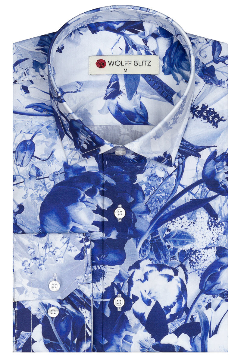 Jesper Krijgsman Floral Delft Blue Long Sleeve Print Shirt for Men