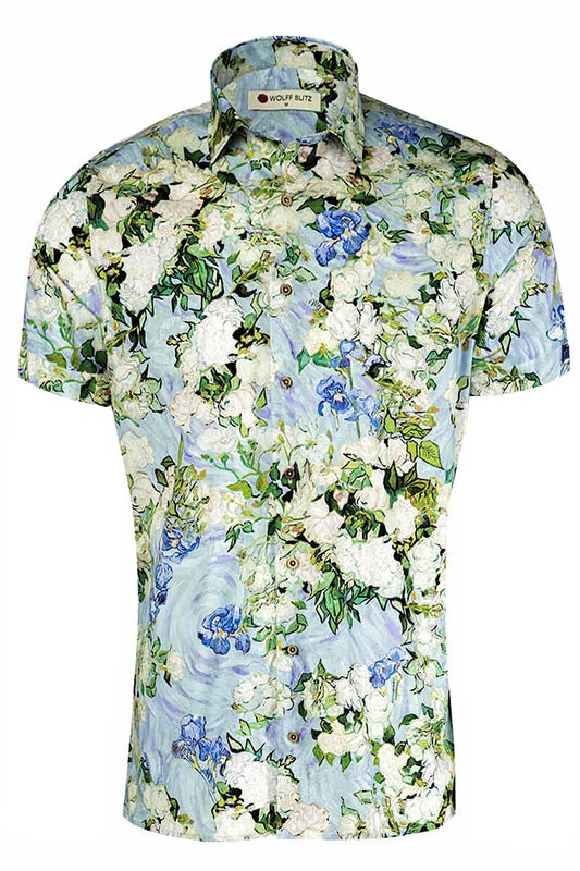 White Roses Van Gogh Inspired Short Sleeve Print Shirt for Men