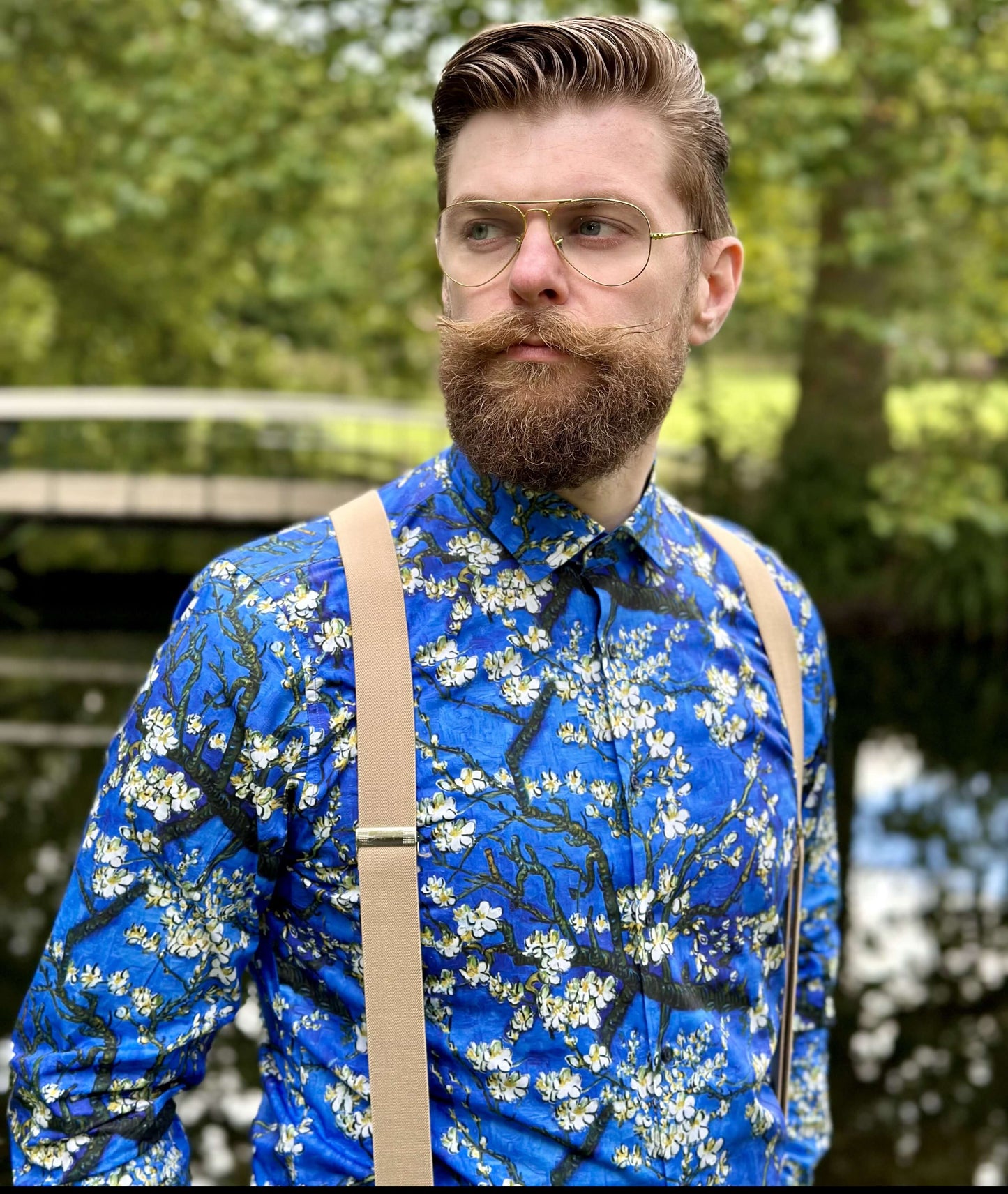 Blue Almond Blossom Long Sleeve Shirt for Men