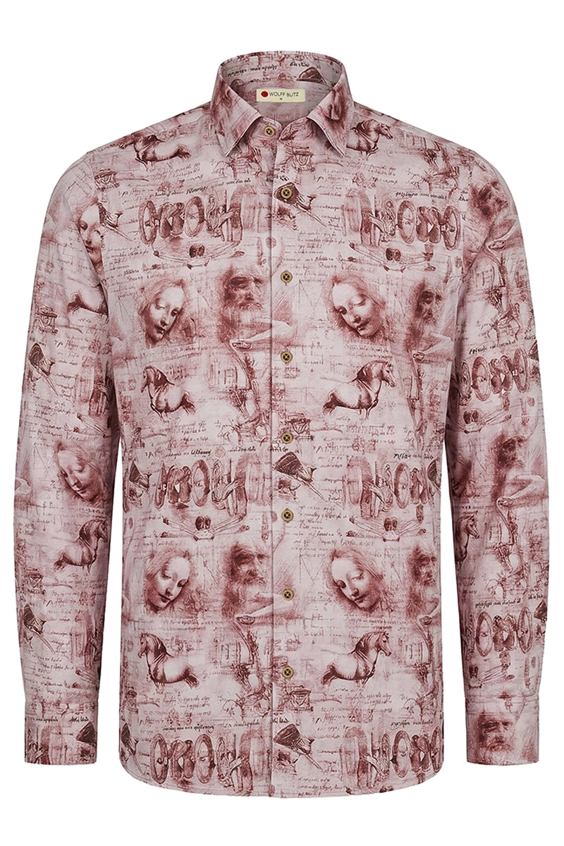 Leonardo Da Vinci Collage inspiriertes Langarm Herrenhemd