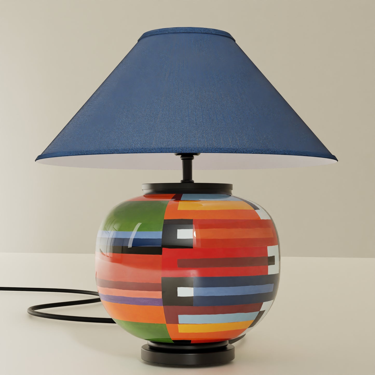 Pocelein Hand Painted Striped Lamp Blue