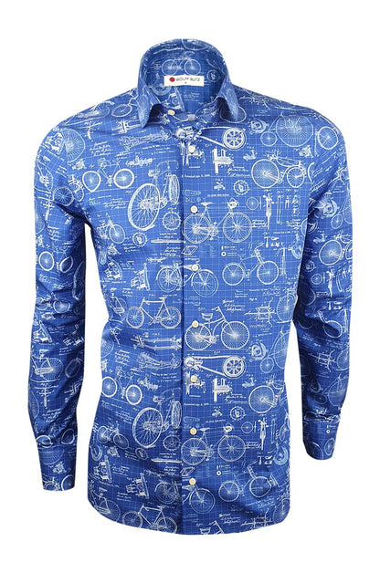 bicycle print dress shirt Men's fitted shirt with blue bike prints
